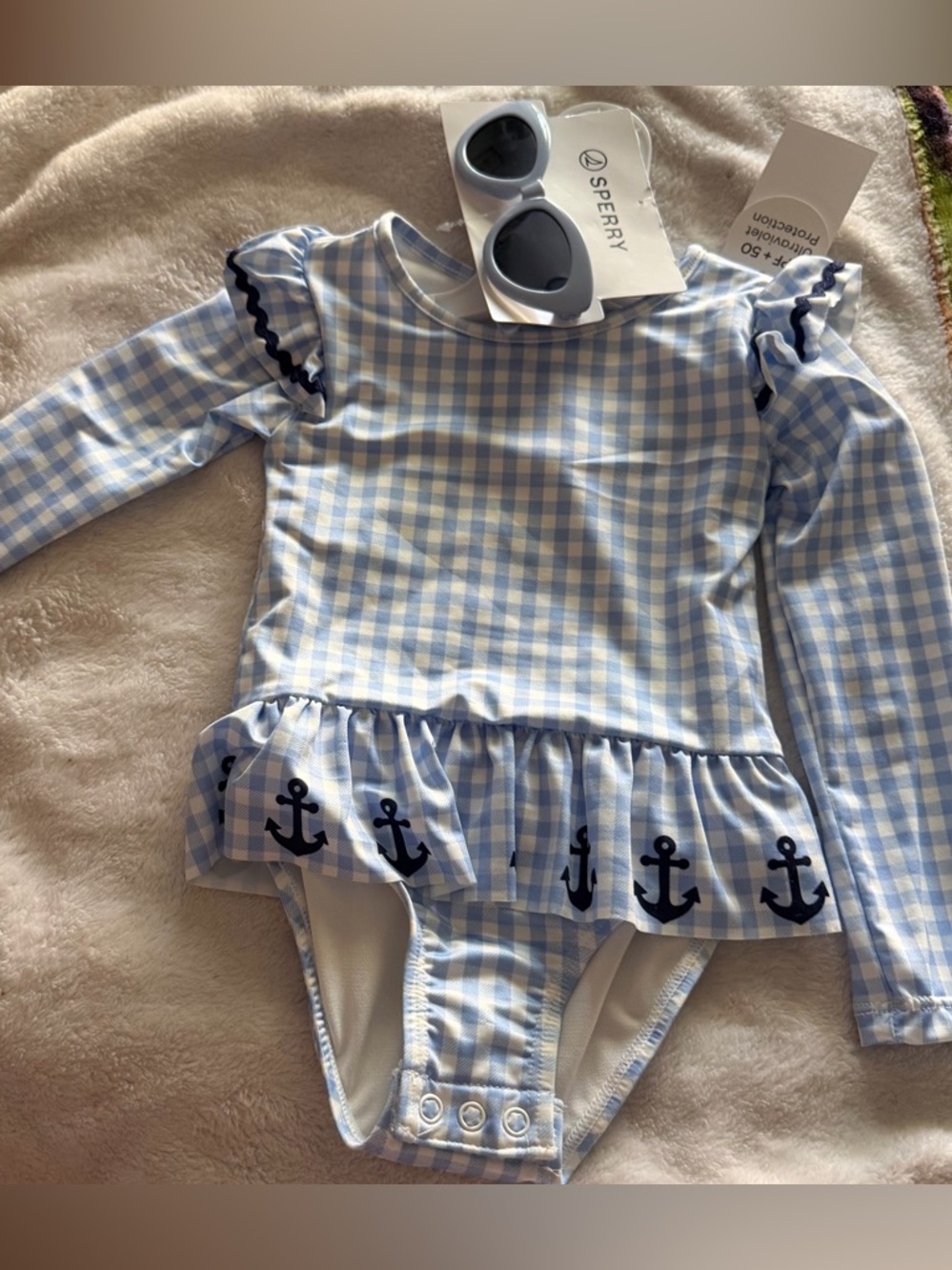 Sperry Girls' Blue Gingham Long-Sleeve Ruffle Swim One-Piece 24 months nwt